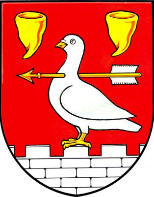 V červeném štítě na stříbrné kvádrované hradbě s cimbuřím stojí stříbrný holub se zlatou zbrojí a krkem prostřeleným zlatým šípem se stříbrným opeřením, provázený nahoře dvěma zlatými kápěmi. Znak Stránecká Zhoř