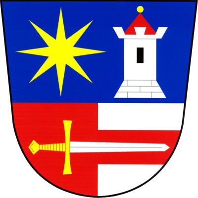 Dělený štít, nahoře v modrém poli vedle sebe zlatá osmihrotá hvězda a stříbrná věž s kvádrovaným soklem, s cimbuřím, s černým oknem, s červenou stanovou střechou se zlatou makovicí. Dolní pole červeno-stříbrně polceno, vlevo červené břevno, vše přeloženo doleva obráceným položeným stříbrným mečem se zlatým jílcem. Znak Strašín