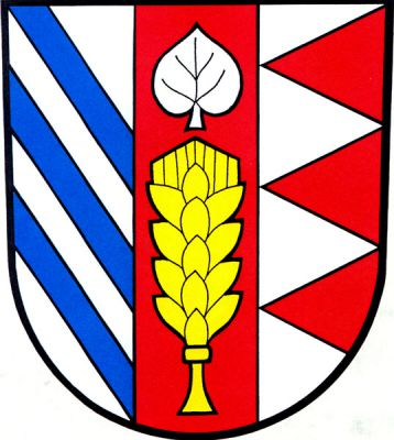 Ve stříbrném štítě červený kůl, v něm zlatý obilný klas převýšený vztyčeným stříbrným lipovým listem, vpravo tři kosmá modrá břevna, vlevo tři červené klíny ku středu. Znak Stratov