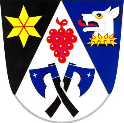 Černo-modře stříbrným hrotem polcený štít. V něm červený vinný hrozen a pod ním zkřížené modré sekery - širočiny s černými topůrky. Vpravo zlatá hvězda, vlevo stříbrná hlava psa - věžníka s červeným jazykem a zlatým ostnatým obojkem. Znak Strážovice