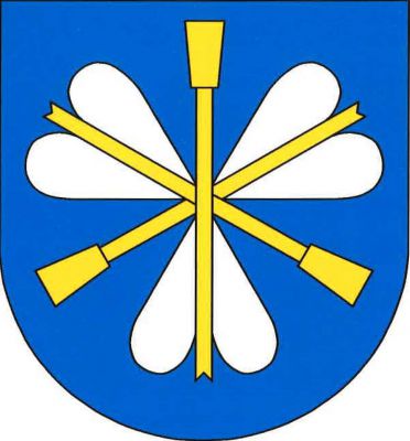 V modrém štítě tři zkřížené zlaté šípy - kluky se stříbrným opeřením, dva postavené, přeložené vztyčeným. Znak Středokluky