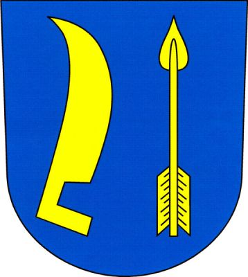 V modrém štítě vztyčená přivrácená kosa a střela, obojí zlaté. Znak Střelice