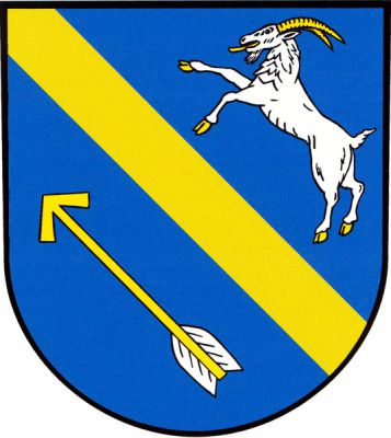 V modrém štítě zlaté kosmé břevno provázené nahoře stříbrným kozlem ve skoku se zlatou zbrojí, dole kosmou vztyčenou zlatou střelou se stříbrným opeřením. Znak Střelské Hoštice