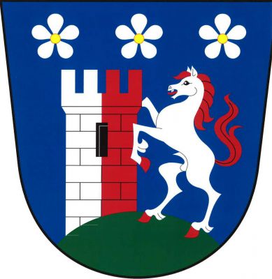 V modrém štítě na zeleném návrší stojící stříbrný vzpřímený kůň s červenou zbrojí, opírající se o stříbrno-červeně polcenou kvádrovanou věž s černým oknem a cimbuřím, nad nimi tři stříbrné květy střemchy se zlatými středy vedle sebe. Znak Střemošice