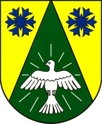 Ve zlatém štítě zelený hrot, v něm čelně vzlétající holubice obklopená paprsky, vše stříbrné. Hrot provázejí nahoře dva modré květy chrpy. Znak Střítež