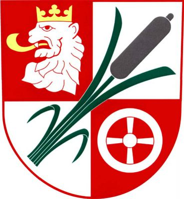 V červeno - stříbrně čtvrceném štítě šikmý orobinec s listy přirozené barvy provázený v prvním poli stříbrnou korunovanou lví hlava s krkem a zlatým jazykem, ve čtvrtém poli stříbrným vozovým kolem se čtyřmi rameny. Znak Střítež