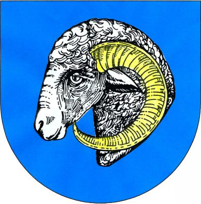 V modrém štítě doprava obrácená stříbrná beraní hlava se zlatým rohem. Znak Študlov