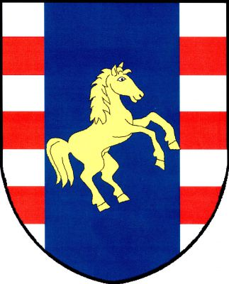 Ve stříbrném štítě se třemi červenými břevny široký modrý kůl se zlatým koněm ve skoku doleva. Znak Šubířov
