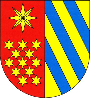 V červeno-zlatě polceném štítě vpravo osmihrotá hvězda nad dvanácti (3,2,3,2,2) hvězdami, vše zlaté. Vlevo tři kosmá modrá břevna. Znak Sudoměřice u Bechyně