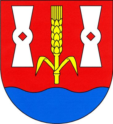 V červeném štítě nad modrou vlnitou patou zlatý obilný klas se dvěma listy provázený dvěma postavenými stříbrnými kypřicemi. Znak Sudoměřice u Tábora