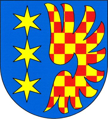 V modrém štítě tři dotýkající se zlaté hvězdy pod sebou a zlato-červeně šachované orlí křídlo. Znak Sulejovice