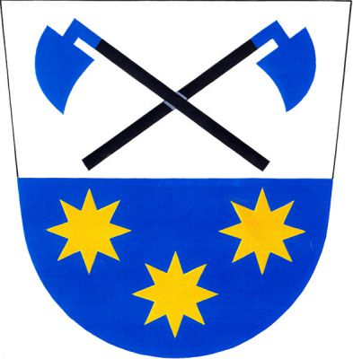 Ve stříbrno-modře děleném štítě nahoře zkřížené modré motyky s černými násadami, dole tři (2,1) zlaté hvězdy. Znak Sulimov