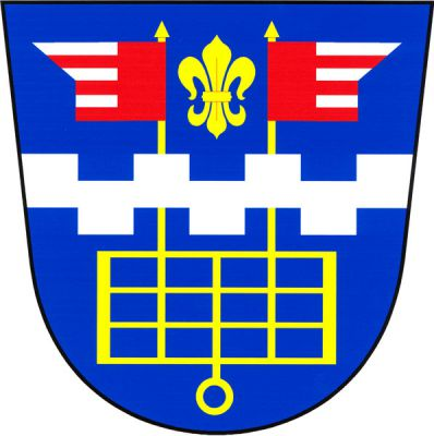 V modrém štítě dolů obrácený zlatý rošt, z něhož vyrůstají na zlatých žerdích dva odvrácené praporce s ocasy, pravý polcený, vpravo 5x stříbrno-červeně dělený a vlevo červený, levý naopak, mezi nimi zlatá lilie. Vše přeloženo stříbrným cimbuřovým břevnem. Znak Sulislav