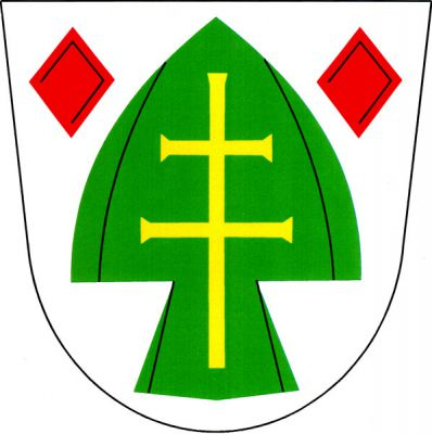 Ve stříbrném štítě čelně vztyčená zelená radlice se zlatým patriarším křížem, provázená nahoře dvěma červenými routami. Znak Švábov