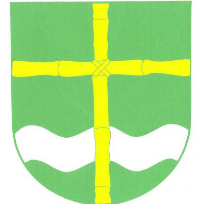 V zeleném štítě zlatý latinský rákosový převázaný kříž do krajů, podložený dole stříbrným vlnitým břevnem. Znak Svatojanský Újezd