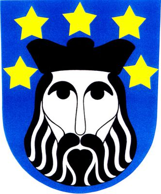 V modrém štítě stříbrná hlava kněze s černými vousy a biretem, obklopená pěti zlatými pětihrotými hvězdami. Znak Svatý Jan nad Malší