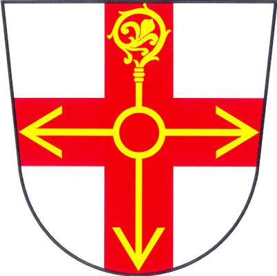 Ve stříbrném štítě červený heroldský kříž, v něm zlatá rozletitá střela s kruhem uprostřed a berlou místo horní střely. Znak Svatý Jiří