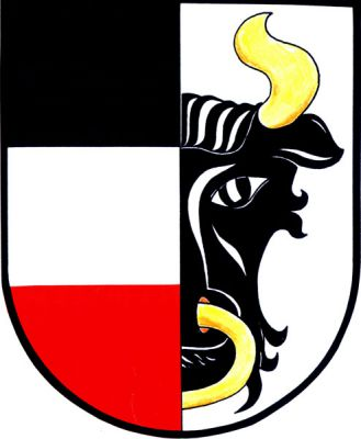 Polcený štít, pravé pole dvakrát černo-stříbrno-červeně děleno, v levém stříbrném poli vyniká z poltící linie půl černé zubří hlavy se zlatou zbrojí a houžví. Znak Světí