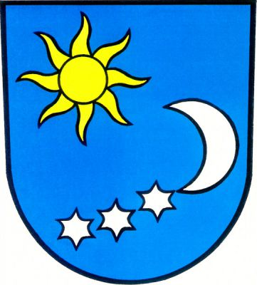 V pravém horním rohu modrého štítu zlaté slunce, pod ním do oblouku tři hvězdy a dorůstající měsíc, vše stříbrné. Znak Světlá Hora