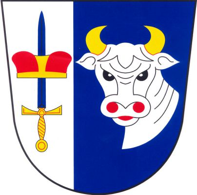 Ve stříbrno-modře vpravo polceném štítě vpravo vztyčený modrý meč se zlatým jílcem přeložený červenou, zlatě lemovanou knížecí čepicí, vlevo stříbrná hlava býka s krkem se zlatými rohy červenými nozdrami a jazykem. Znak Svinaře