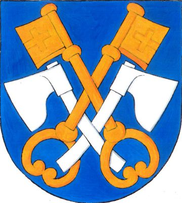 V modrém štítě zkřížené zlaté vztyčené odvrácené klíče proložené vztyčenými stříbrnými sekerami. Znak Svinařov