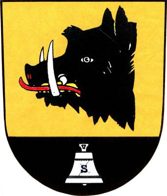 Ve zlatém štítě černá kančí (sviní) hlava, v černé patě štítu stříbrný zvon. Znak Svinčany