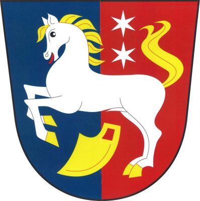 V modro-červeně polceném štítě stříbrný kůň ve skoku se zlatou zbrojí, hřívou a ocasem, nad ním v červeném poli dvě stříbrné hvězdy pod sebou, pod ním šikmo zlatá radlice. Znak Svratouch