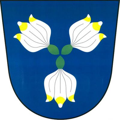 V modrém štítě tři (2, 1) od středu odvrácené květy bledulí přirozené barvy. Znak Tasovice