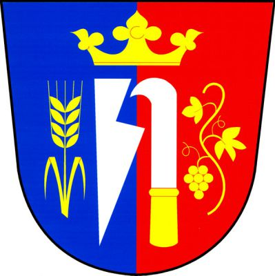 V modro-červeně polceném štítě vedle sebe doleva obrácená stříbrná radlice a stříbrný vinařský nůž se zlatou rukojetí převýšené zlatou korunou a provázené vpravo zlatým obilným klasem se dvěma listy a vlevo prohnutým zlatým vinným stonkem s přivráceným hroznem a dvěma listy. Znak Tasovice