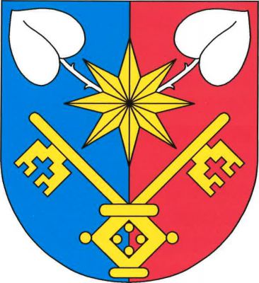 V modro-červeně polceném štítě nad vztyčeným zlatým gotickým dvojklíčem zlatá osmihrotá fasetovaná hvězda, z níž vyrůstají dva odkloněné stříbrné leknínové listy na stoncích. Znak Tehov