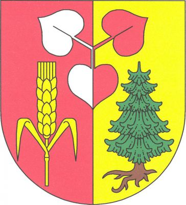 V červeno-zlatě polceném štítě vpravo zlatý obilný klas se dvěma odkloněnými listy, vlevo vykořeněný smrk přirozené barvy, nahoře stříbrno-červeně polcený leknínový trojlist. Znak Tehovec