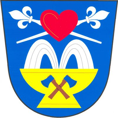 V modrém štítě zlatá, stříbrně tryskající fontána převýšená červeným srdcem podloženým dvěma zkříženými stříbrnými liliovými hůlkami. Ve fontáně dvě zkřížené modré sekery s topůrky přirozené barvy. Znak Teplice nad Bečvou