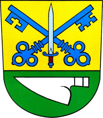 Ve zlato-zeleně sníženě děleném štítě nahoře zkřížené modré klíče přeložené vztyčeným stříbrným mečem s červenou rukojetí a modrou záštitou a hlavicí, dole položená stříbrná radlice. Znak Těšetice