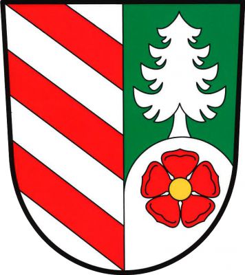 Ve stříbrno-zeleně polceném štítě vpravo tři červená kosmá břevna, vlevo stříbrný smrk vyrůstající ze stříbrného vrchu, v něm červená růže se zlatým semeníkem. Znak Těškov