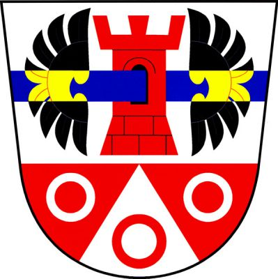 Ve stříbrno-červeně sníženě děleném štítě nahoře červená věž s cimbuřím, kvádrovaným soklem a černým obloukovým oknem, jímž zprava proniká modré břevno, přeložené dvěma přivrácenými černými křídly se zlatým břevnem. Dole stříbrný hrot, v něm a po stranách tři (2,1) kruhy opačných barev. Znak Těšovice