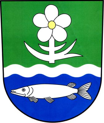 V zeleno-modře sníženě stříbrným vlnitým břevnem děleném štítě nahoře stříbrný květ na stonku se zlatým středem, dole stříbrná štika. Znak Tetčice