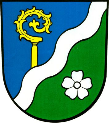 V modro-zeleně šikmým stříbrným vlnitým břevnem děleném štítě nahoře vyrůstající zlatá berla závitem doleva, dole stříbrný květ lnu. Znak Tichá