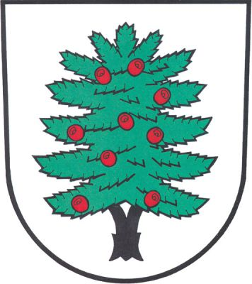 Ve stříbrném štítě zelený tis s černým rozdvojeným kmenem a červenými míšky. Znak Tis