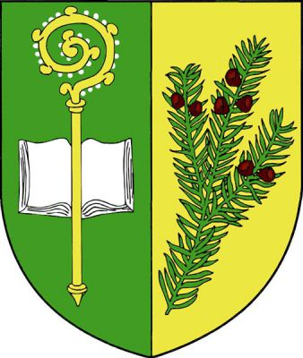 V zeleno - zlatě polceném štítě vpravo zlatá berla podložená otevřenou stříbrnou knihou, vlevo šikmo položená zelená větévka tisu se třemi výhonky a sedmi (2, 3, 2) červenými plody. Znak Tisová