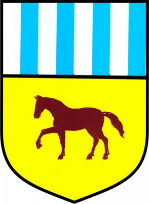 Dělený štít, horní polovina sedmkrát stříbrno-modře polcena, v dolní zlaté polovině vykračující černý kůň. Znak Tochovice