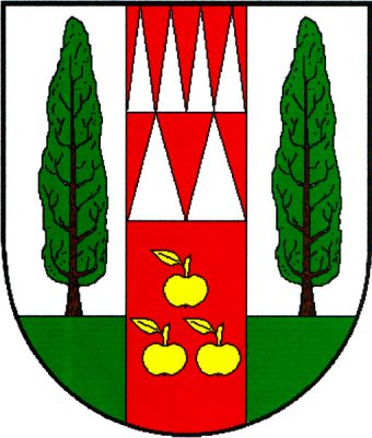Ve stříbrném štítě červený kůl, v jehož horní polovině je 6 (4,2) stříbrných kuželů, v dolní části 3 (1,2) zlatá jablka. Po obou stranách kůlu vyrůstá ze zeleného trávníku topol přirozených barev. Znak Topolany