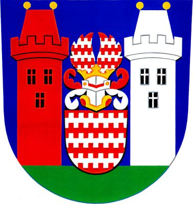 V modrém štítě na zeleném trávníku mezi červenou a stříbrnou kulatou věží se třemi okny, cimbuřím a valbovou střechou erb pánů z Cimburka - v červeném štítě 3 stříbrná cimbuřová břevna, kolčí korunovaný helm s rozevřenými křídly opakujícími znamení štítu, přikryvadla červeno-stříbrná. Znak Tovačov
