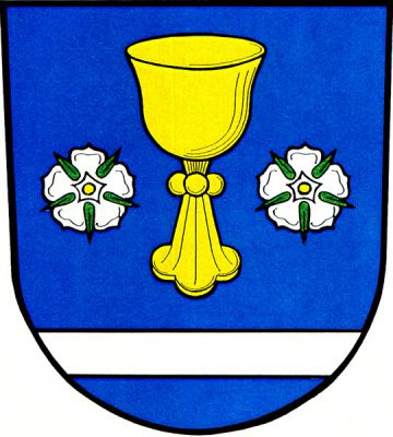 V modrém štítě nad sníženým stříbrným břevnem zlatý kalich provázený stříbrnými růžemi se zlatým semeníkem. Znak Třanovice