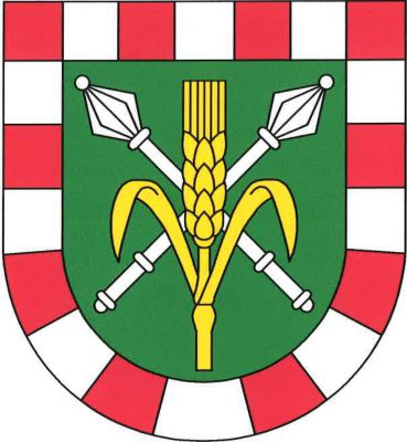 V zeleném štítě s červeno-stříbrně šachovaným lemem zlatý obilný klas se dvěma listy, podložený zkříženými stříbrnými palcáty. Znak Třebeň