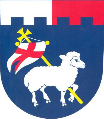 V modrém štítě pod stříbrno - červeně polcenou cimbuřovou hlavou doleva obrácený stříbrný beránek přidržující levou nohou kosmý zlatý procesní kříž se stříbrnou dvoucípou korouhví s červeným heroldským křížem. Znak Třebešov