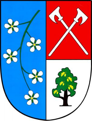 V polceném štítě vpravo v modrém poli dolů obrácené květenství střemchy s pěti květy přirozené barvy, levé pole červeno-stříbrně dělené, nahoře zkřížené stříbrné čakany, dole zelený dub s černým kmenem a pěti svěšenými zlatými žaludy s listy. Znak Třemešné