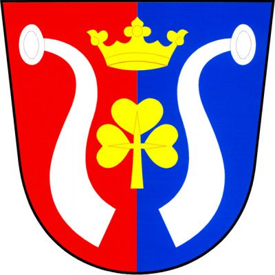 V červeno-modře polceném štítě mezi dvěma stříbrnými buvolími rohy jetelový trojlístek převýšený korunou, obojí zlaté. Znak Trhové Dušníky