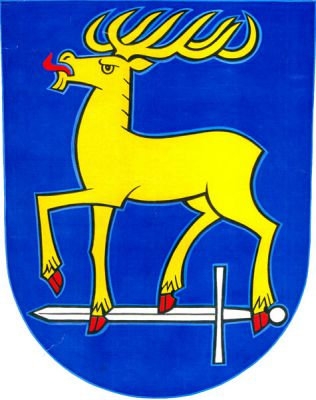 V modrém štítě zlatý jelen s červeným jazykem a kopýtky kráčející po obnaženém stříbrném meči. Znak Trnava
