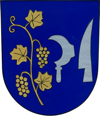 V modrém štítě vpravo zlatý stonek vinné révy se dvěma hrozny a třemi listy, vlevo vedle sebe vinařský nůž a krojidlo, obé stříbrné. Znak Troubsko