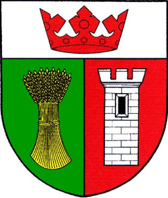 V zeleno-červeně polceném štítě pod stříbrnou hlavou s červenou korunou vpravo zlatý obilný snop, vlevo stříbrná kvádrovaná věž s cimbuřím a jedním černým oknem. Znak Trpín